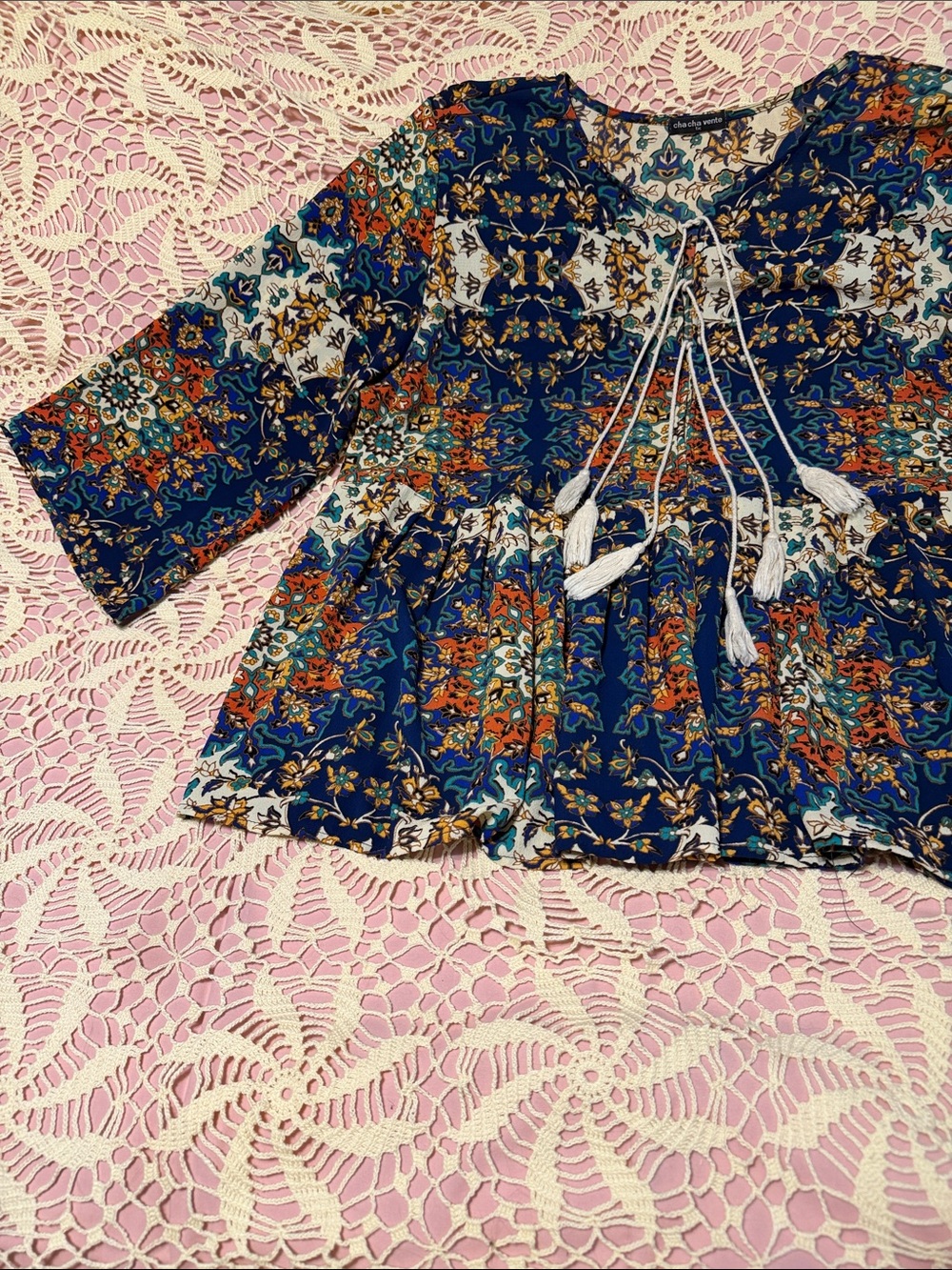 cha cha vente Navy Floral Peasant Top with Tassel Tie